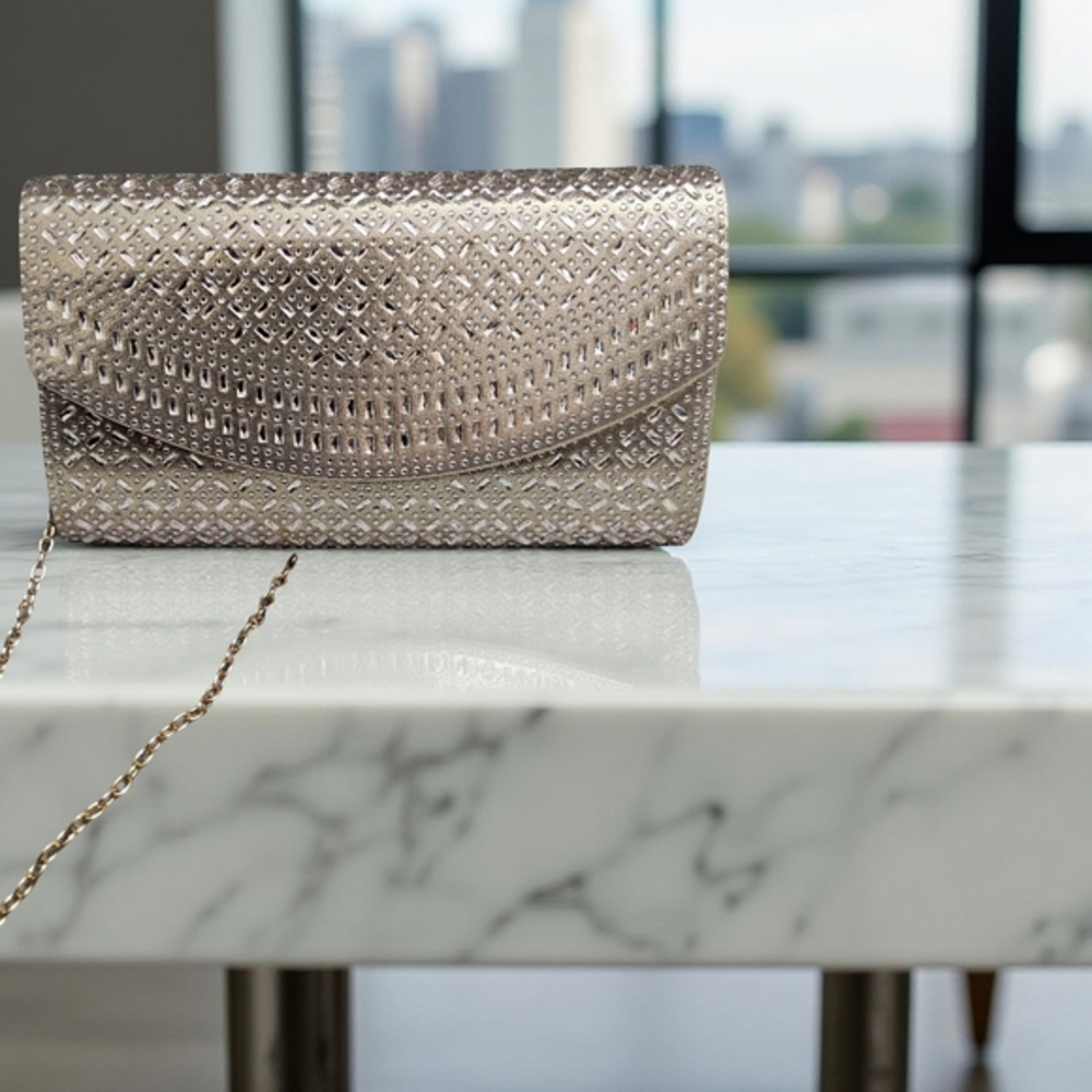 New La Regale Silver and Goldtone Crossbody Bag with Beaded Embellishments